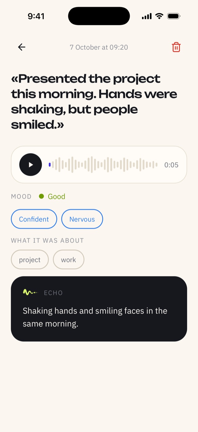 An entry page: the words, the recording, mood, emotions, topics and the echo